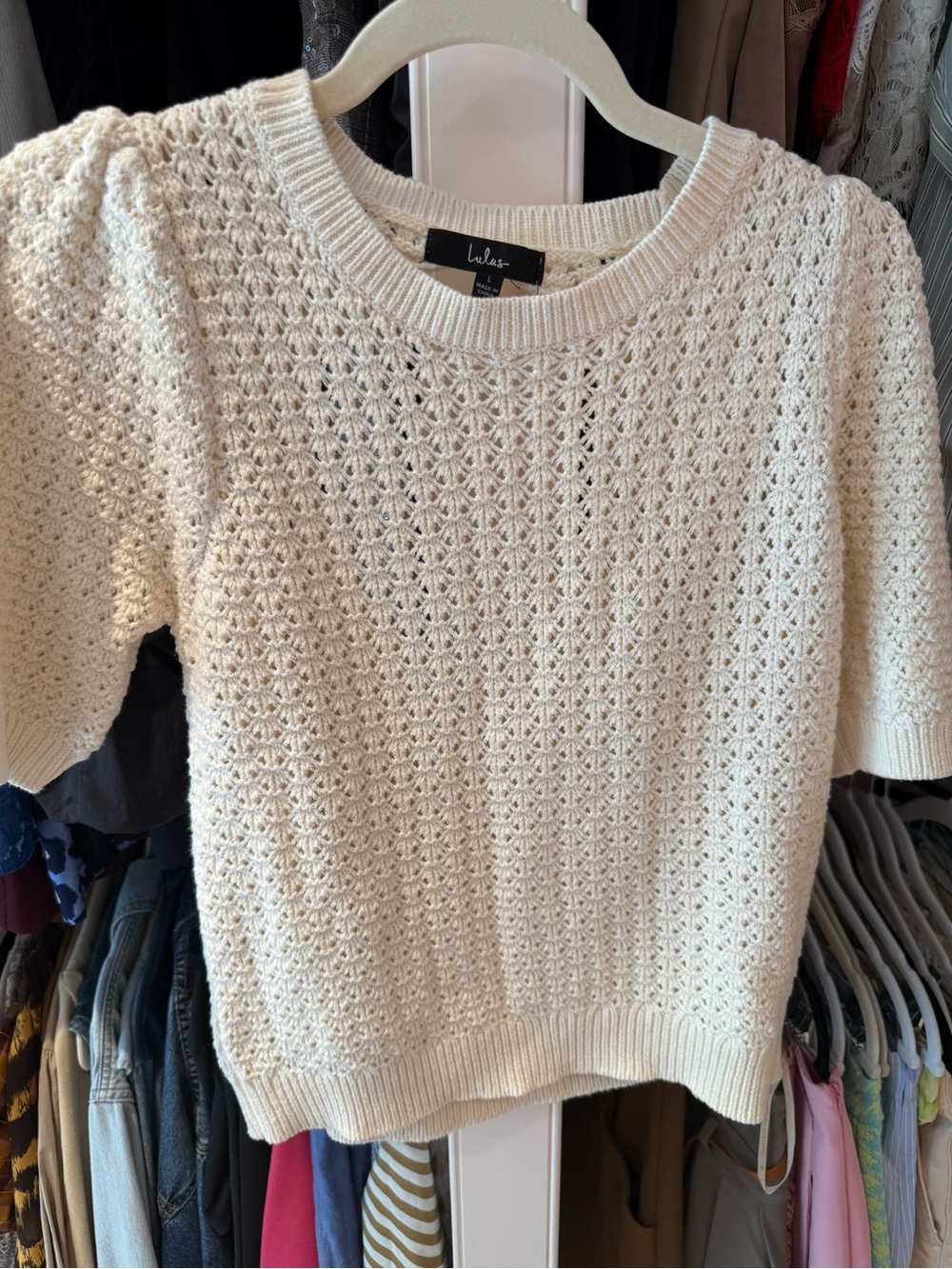 Lulu's Cream Crochet Short-Sleeve Sweater